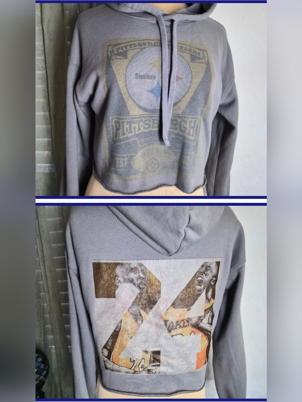 Reworked Kobe Bryant 24 Lakers x Pittsburgh Steelers Cropped Hoodie 🔥 #0437